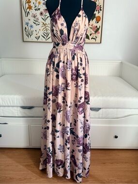 SHEIN Pink Floral Halter Maxi Dress with Purple Print